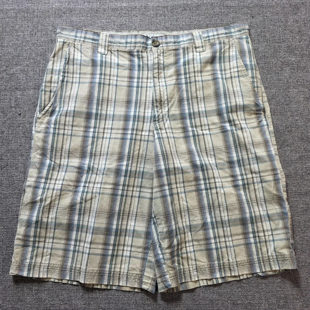 Columbia Shorts Men's Size 36 Tan Blue Plaid 100% Cotton Flat Front